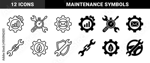 Collection of hybrid maintenance and management symbols combining mechanical gear elements with data charts mail envelopes organic leaves and diagnostic tools