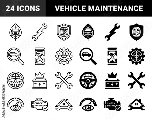 Automotive service and vehicle maintenance hybrid icons featuring car leaf environmental symbols wrench lightning bolt and brain gear engine diagnostic graphics