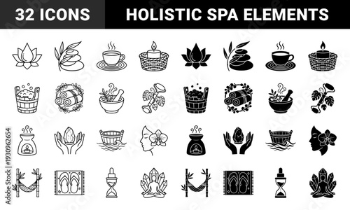 Wellness and holistic therapy icons featuring hybrid designs merging natural elements like lotus flowers with spa tools and zen meditation symbols
