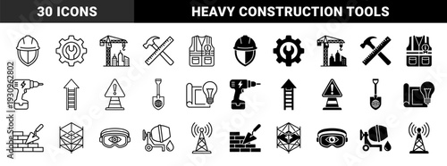 Construction industry symbols merging heavy machinery with architectural planning tools featuring dual outline and solid hybrid design for building projects