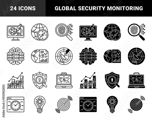 Data analytics and global surveillance symbols featuring hybrid designs of magnifying glass with fingerprints and computer monitors with globes