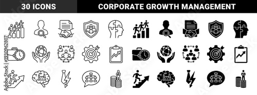 Hybrid business growth and strategic management icons featuring conceptual mergers like brain factory and clock briefcase in outline and glyph styles