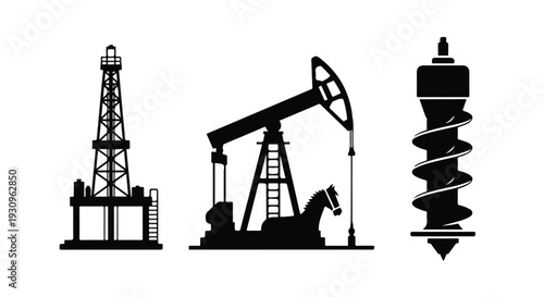 Silhouette illustration of three oil and gas drilling equipment icons, including a derrick, pumpjack, and drill bit, against a plain white background.