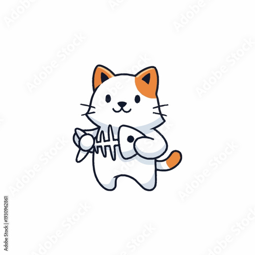 Cute cartoon cat holding a fish skeleton illustration.