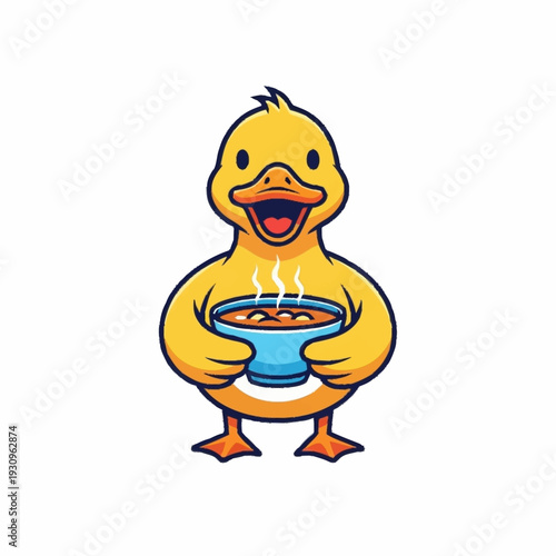 Cute Cartoon Duck Holding a Bowl of Hot Soup.