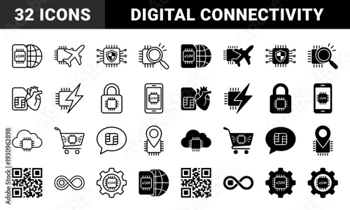 Hybrid eSIM and Integrated Circuit Chip Icons Merged with Travel Security Logistics Shopping and Communication Symbols in Outline and Solid Styles