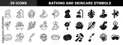 Minimalist wellness and spa line art featuring hybrid botanical elements with bathing tools and organic skincare symbols in dual outline and solid style