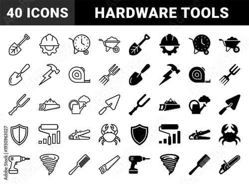 Hybrid construction and garden tool symbols featuring integrated metaphors like lightning hammers mountain saws and clock wheelbarrows in dual outline and solid styles