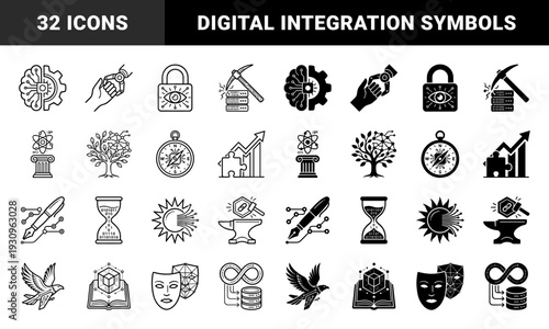 Hybrid conceptual metaphors merging traditional symbols with digital technology elements using a dual line and solid fill design style for modern branding