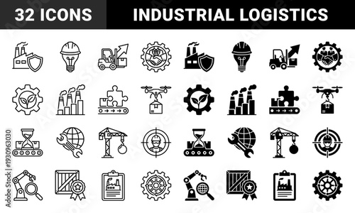 Industrial Supply Chain and Manufacturing Hybrid Icons Featuring Logistics Equipment Integrated with Productivity Symbols and Factory Management Elements