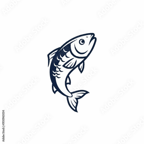 Stylized illustration of a leaping fish in dark blue outline.