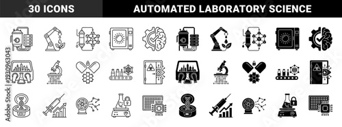 Biotechnology and automated laboratory research icons featuring hybrid symbols of robotic arms with organic plants and genomic sequencing data