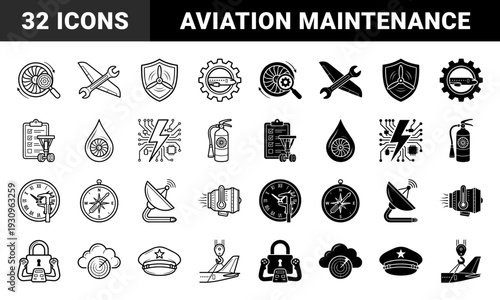 Aviation maintenance and aerospace engineering hybrid icons merging mechanical parts with diagnostic tools in outline and solid black styles