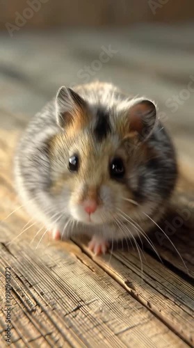 Adorable Dwarf Hamster with Fluffy Fur Resting on Textured Wooden Floor