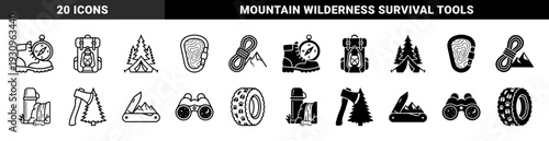 Outdoor adventure equipment with hybrid concepts merging hiking gear and nature symbols featuring boots compasses backpacks axes and mountain landscape elements