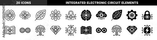 Hybrid artificial intelligence and technology symbols merging electronic circuit board processors with organic brain cloud leaf gear lock and infinity shapes