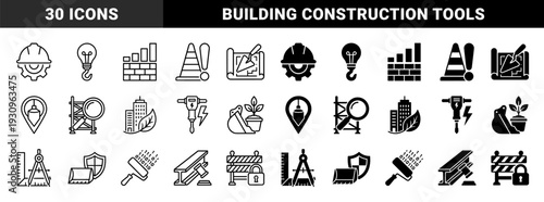 Construction and Engineering Hybrid Symbols Featuring Industrial Tools Merged with Growth Progress and Legal Compliance Elements in Outline and Solid Styles