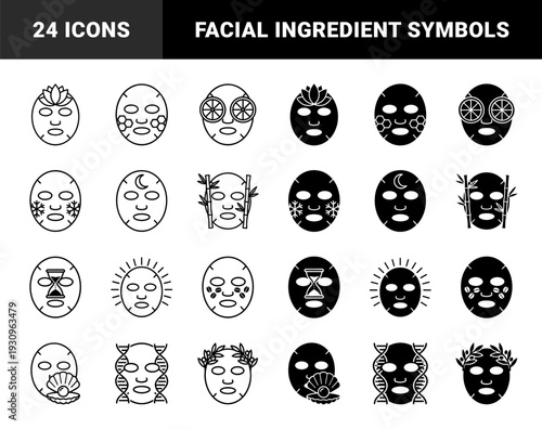 Skincare facial mask icons featuring hybrid botanical and mineral ingredients including lotus honey cucumber bamboo pearl and collagen dna symbols