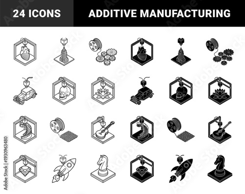 Isometric 3D printing manufacturing icons featuring additive fabrication of organic and industrial objects using filament reels and extrusion nozzles