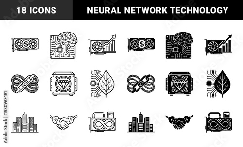 Cryptocurrency mining and artificial intelligence hybrid symbols featuring gpu hardware integrated with brain neural networks and blockchain links