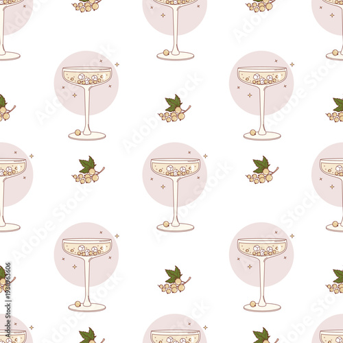 Seamless Pattern with White Currant Cocktail in Elegant Coupe Glass. Refreshing Chilled Drink with Ice Cubes, Berries Background. Vector Illustration