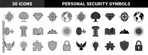 Biometric fingerprint identity symbols merged with organic and geometric shapes including tree globe compass diamond and shield in outline and solid style