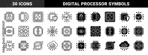 Black and white chip hybrid icons merging hardware processors with brain neurology security locks renewable energy leaves and data analytics