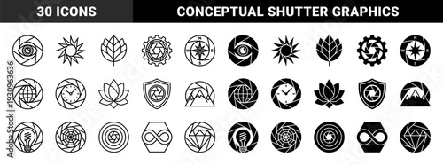 Collection of geometric hybrid symbols merging camera aperture blades with conceptual elements like eyes mountain lightbulbs clocks and nature silhouettes