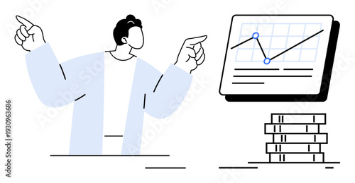 Person pointing at analytical chart displaying trend lines, accompanied by stacked coins. Ideal for business, presentation, economics, analytics, finance, profit growth strategic planning. Simple
