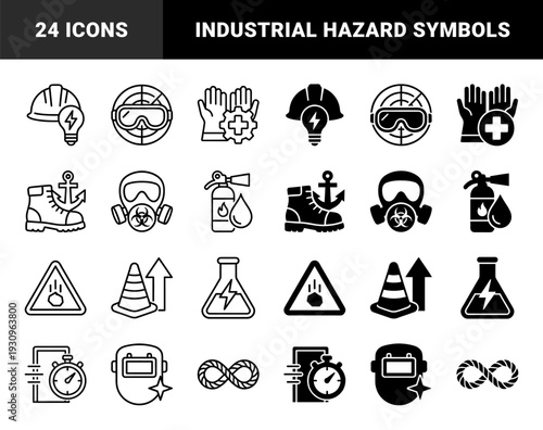 Industrial Safety and Hazardous Material Management Symbols Featuring Hybrid Combinations of Protective Gear with Warning Signs and Technical Equipment