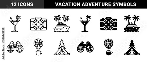 Symmetric travel hybrid icons featuring holiday cocktail palms cruise ship trees globe binoculars camera and hot air balloon coffee cup in outline and solid styles