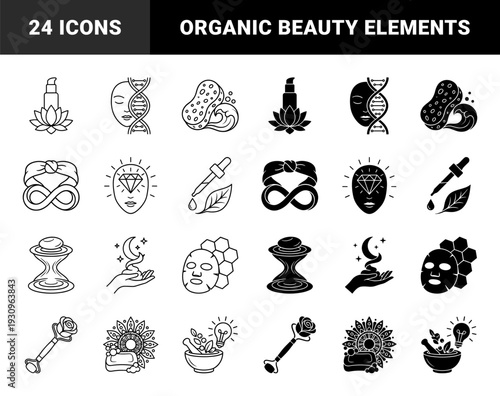 Collection of minimalist holistic skincare symbols merging organic elements like lotus flowers and DNA strands with cosmetic bottles and facial care concepts