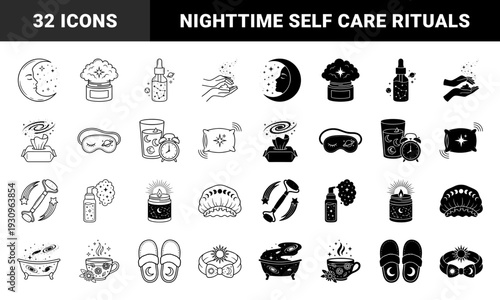 Celestial Nighttime Skincare and Self Care Icons Featuring Mystical Moon Stars and Galaxy Motifs Blended with Beauty Products and Wellness Rituals