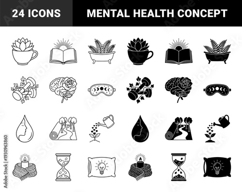 Wellness and self care hybrid line art symbols merging nature with comfort objects like plants in teacups books with sun and dumbbells with ivy