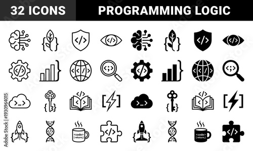 Hybrid coding symbols and programming logic elements merging software development syntax with organic brain energy data and security metaphors in outline and solid styles