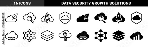 Hybrid cloud computing symbols merging network infrastructure with growth leaf rocket search magnifying glass shield security and encryption key metaphors