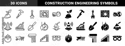 Construction and engineering hybrid icons featuring conceptual mergers like a gear cityscape a hammer lightning bolt and a binary paint roller in dual styles