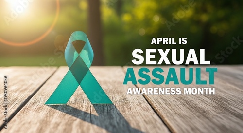 Sexual Assault Awareness Month Teal Ribbon on Wooden Table with Natural Sunlight Background, Hope and Support Message for Survivors
