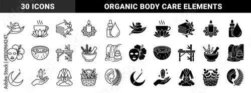 Zen wellness and holistic spa therapy elements featuring hybrid organic symbols like lotus tea and basalt stone massage in dual outline and solid styles