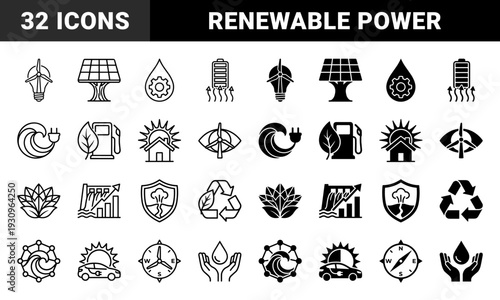 Sustainable energy hybrid symbols merging renewable power sources with environmental metaphors featuring solar panel trees wind turbine bulbs and wave plugs
