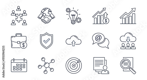 Comprehensive set of vector icons for web design and business featuring social communication people symbols and internet signs like mail cloud or money buttons in a flat illustration style