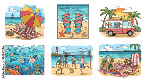 Tropical summer vacation set featuring a vector illustration of a sunny beach resort with palm trees, a travel umbrella on the sand, and a cartoon woman enjoying the blue sea landscape banner