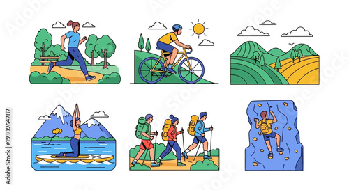 A set of cartoon vector icons featuring a diverse family and group of people at the beach during the day and night including children and workers in a flat illustration design