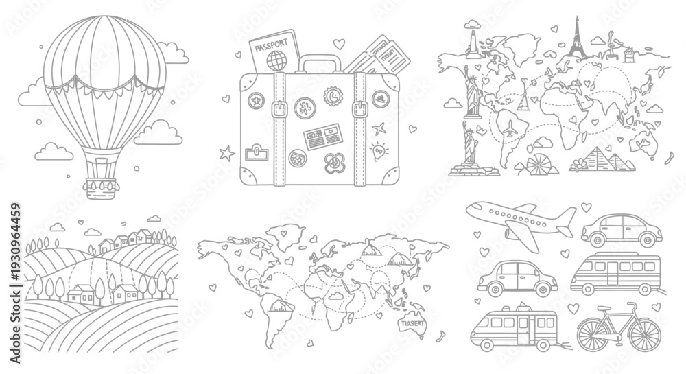 Obraz premium Hand drawn farm animals collection and vintage village house architecture set featuring black vector sketch illustrations of rural buildings and old town home design