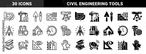 Construction and Engineering Hybrid Icons Featuring Architectural Blueprints Industrial Cranes Masonry Tools Surveying Equipment and Safety Gear