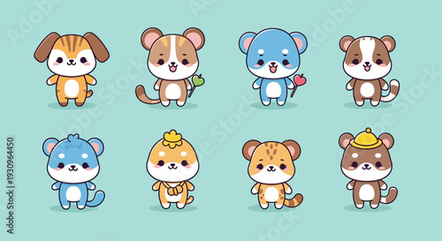 Photography Set of funny cartoon animals including a cute dog, cat, and lion vector icon ill