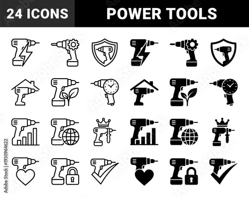 Professional cordless power drill hybrid icons featuring integrated symbols for construction maintenance home improvement and industrial hardware management
