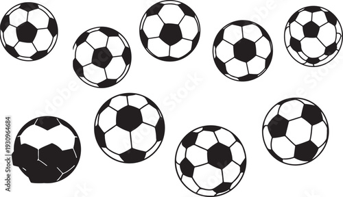 Black and white illustration of multiple soccer balls on white background