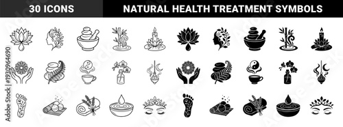 Wellness and holistic therapy symbols merging organic elements like lotus flowers with medicinal tools and spiritual motifs in a clean dual style