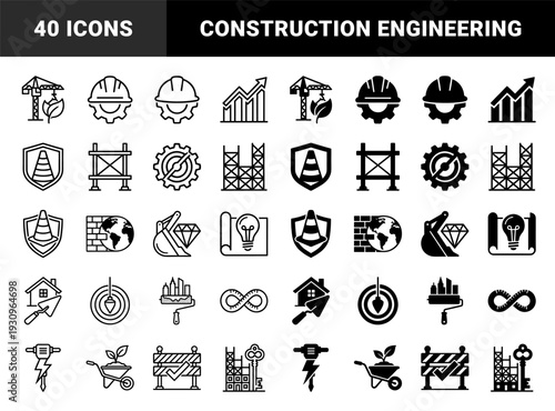 Construction and engineering hybrid icons featuring heavy machinery merged with nature and growth symbols in solid and outline graphic styles
